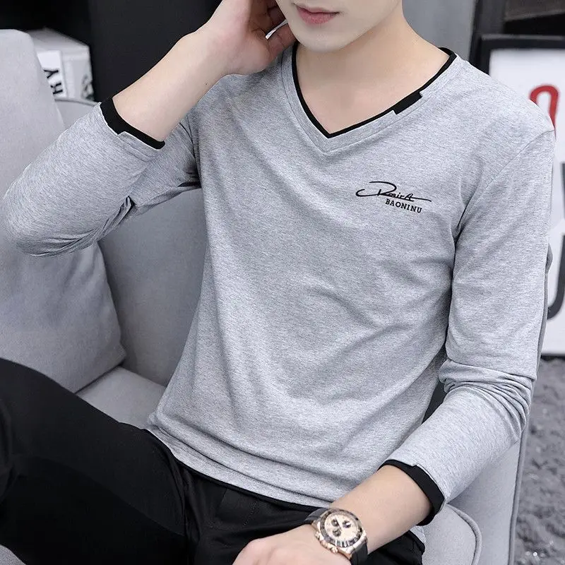 Autumn Winter Fashion Korean Simple Temperament T-shirt Man Long Sleeve Cotton V-neck Solid Color Top Pullover Casual Streetwear