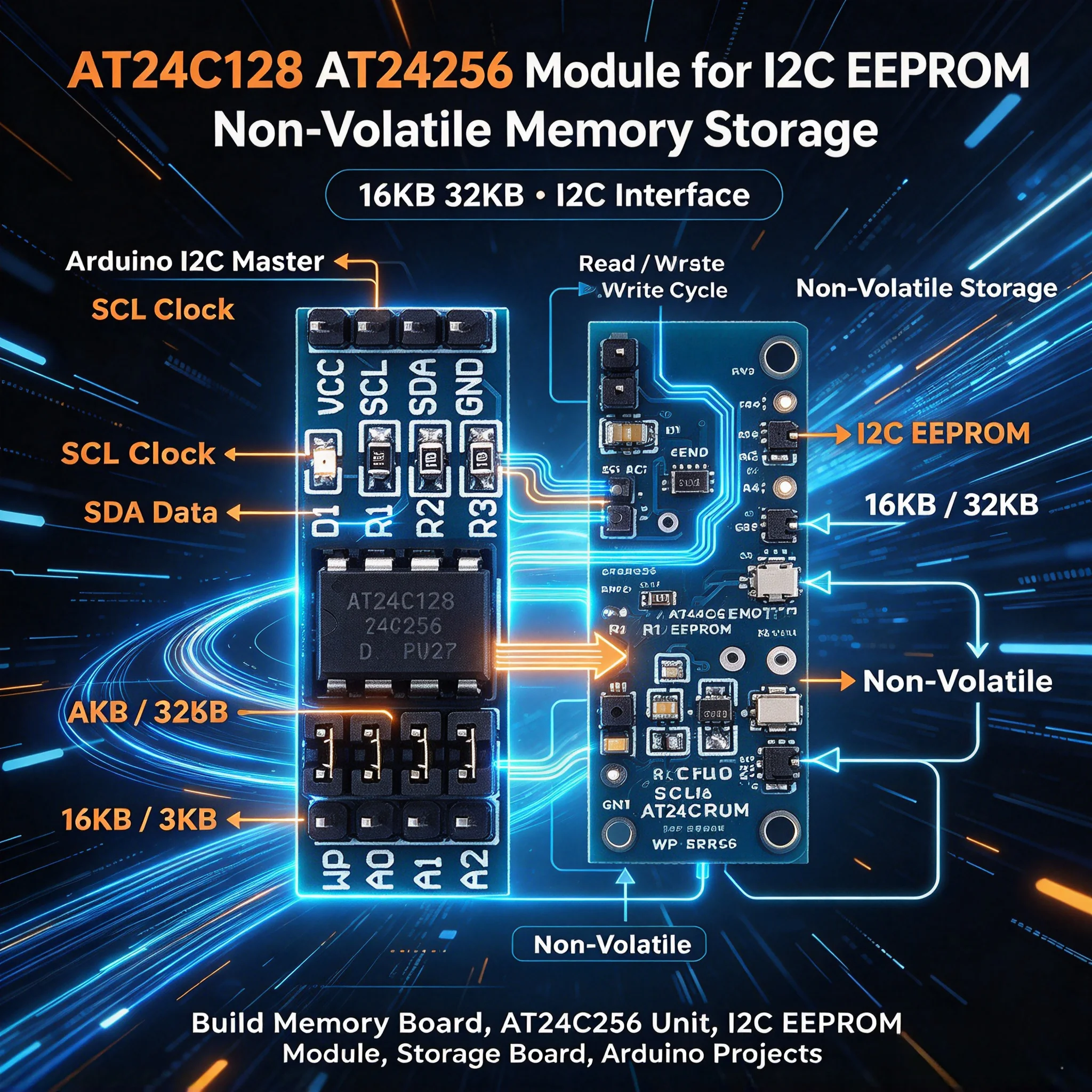 100Pcs AT24C128 AT24C256 24C256 I2C EEPROM Memory Module 16KB 32KB Non-Volatile Storage Board for Arduino