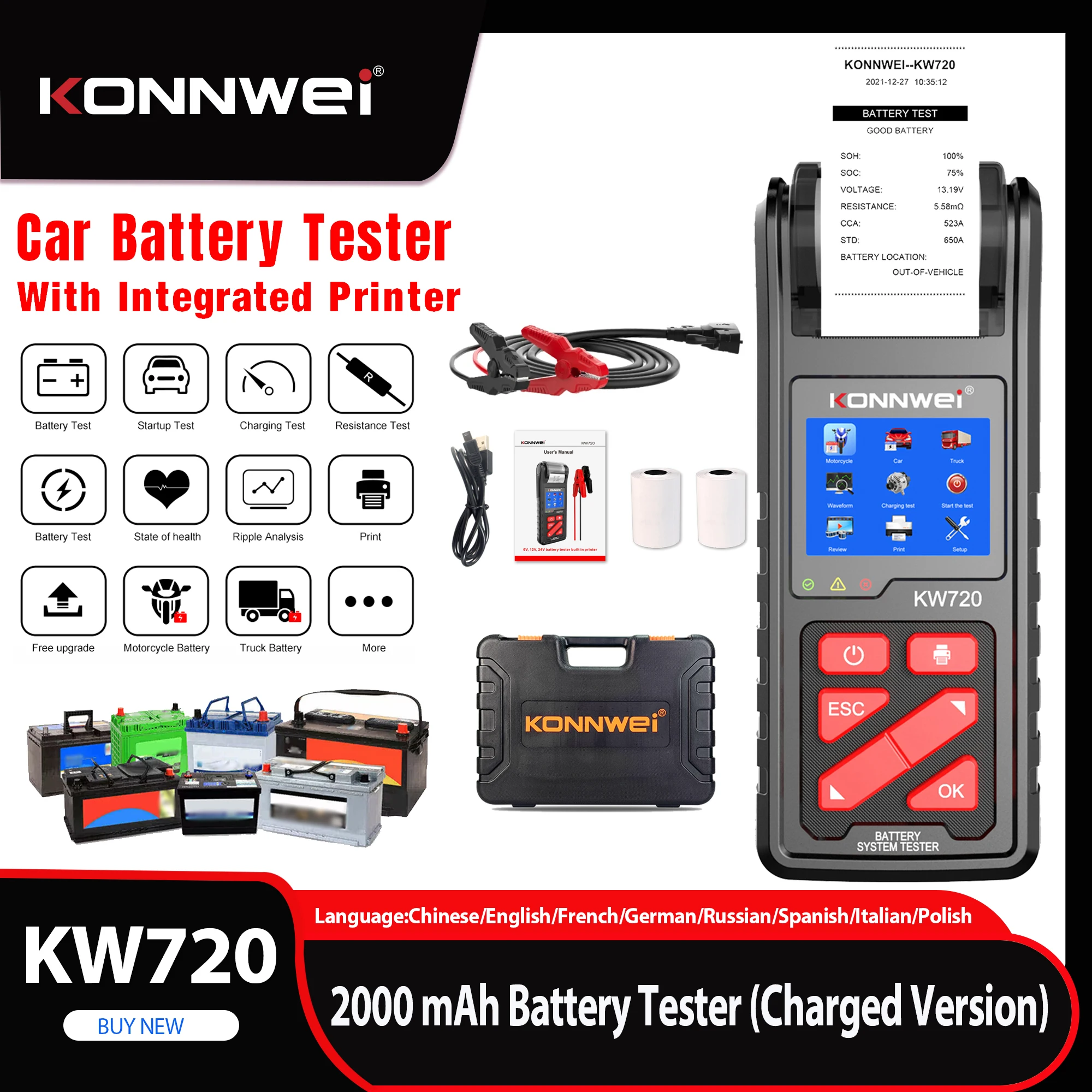 KONNWEI KW720 Car Battery Tester Built-in Printer 2000mAh 2V/6V/12V/24V/30V Automotive Battery Analyzer for Motorcycle Car Truck