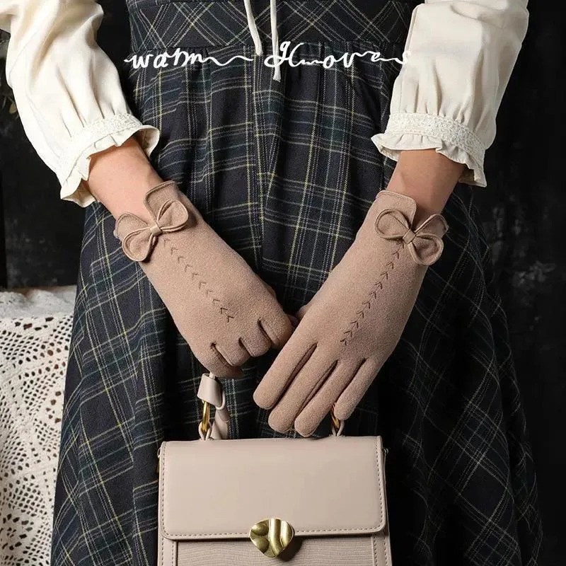 ‌Winter Women's Gloves with Cute Bow, Warm Touchscreen, Korean Style, Fingerless Design for Cycling & Students