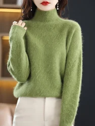 Winter New 100% Mink Cashmere Sweater Women' High Neck Thicken Large Size Tops Jacquard Knitted Pullover Loose Warm Base Shirt