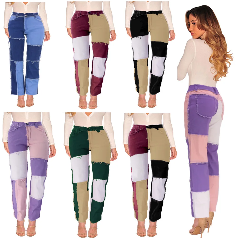 2024 moda nuevo mendigo Patchwork pantalones de pierna recta Collage/empalme tendencia arrugado Jeans de mujer