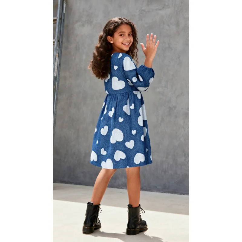 2025 Hot Selling Girls' Long Sleeve Love Printed Casual Dress - Fashion Imitation Denim Style Children's A-shaped Dress