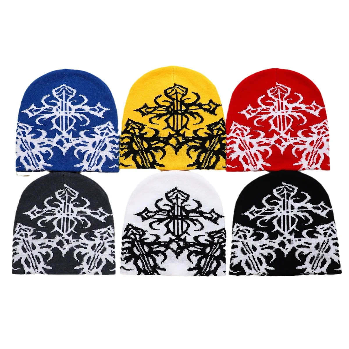 Y2K Beanie Gothic Jacquard Pattern Soft Acrylic Knitted Hat Men Women Casual Skullies Outdoor