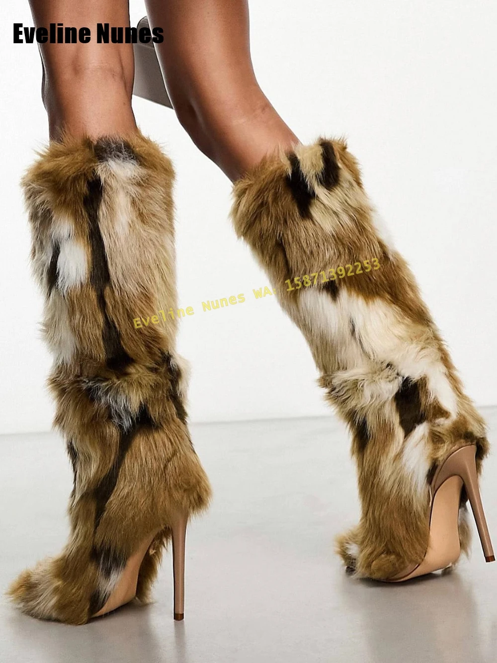 Furry Fur Stiletto Winter Snow Boots Round Toe Large Size Mixed Colors Soft Warm Street Style Women Knee High Boots 2024 Newest