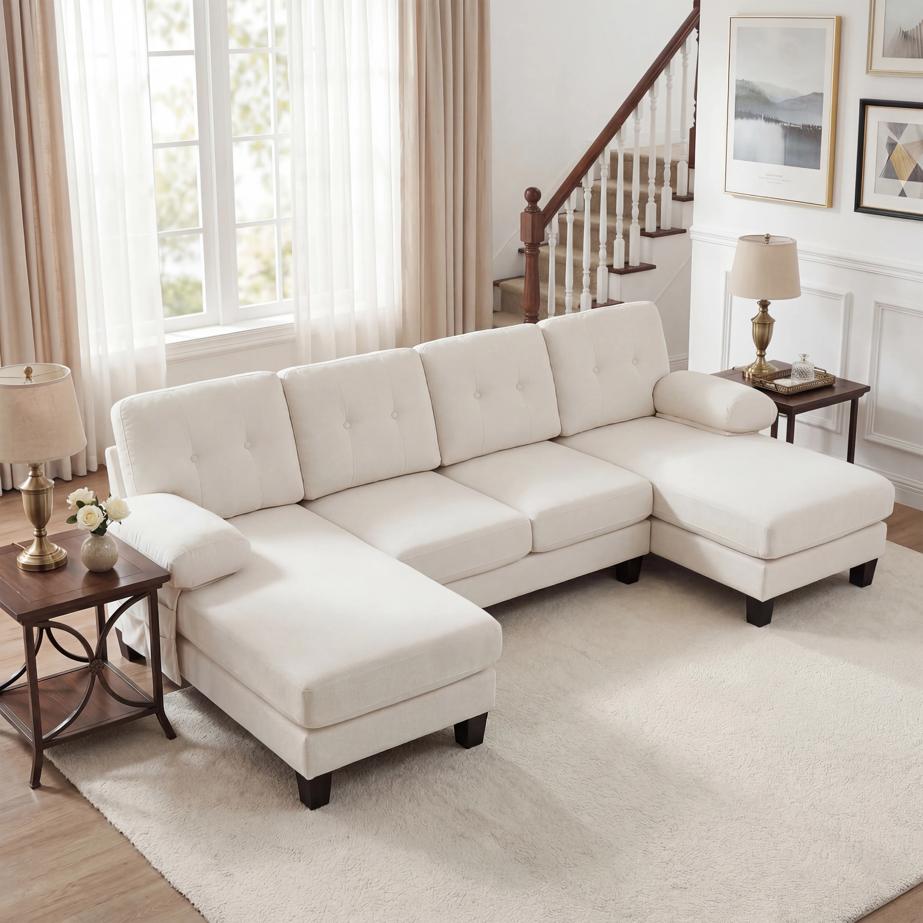 Canapé en U 4 places avec chaise longue, canapé-lit moderne en chenille rembourré avec dossier réglable, canapé capitonné pour salon avec poches de rangement et accoudoirs amovibles, canapé d'appoint pour salon et bureau, beige