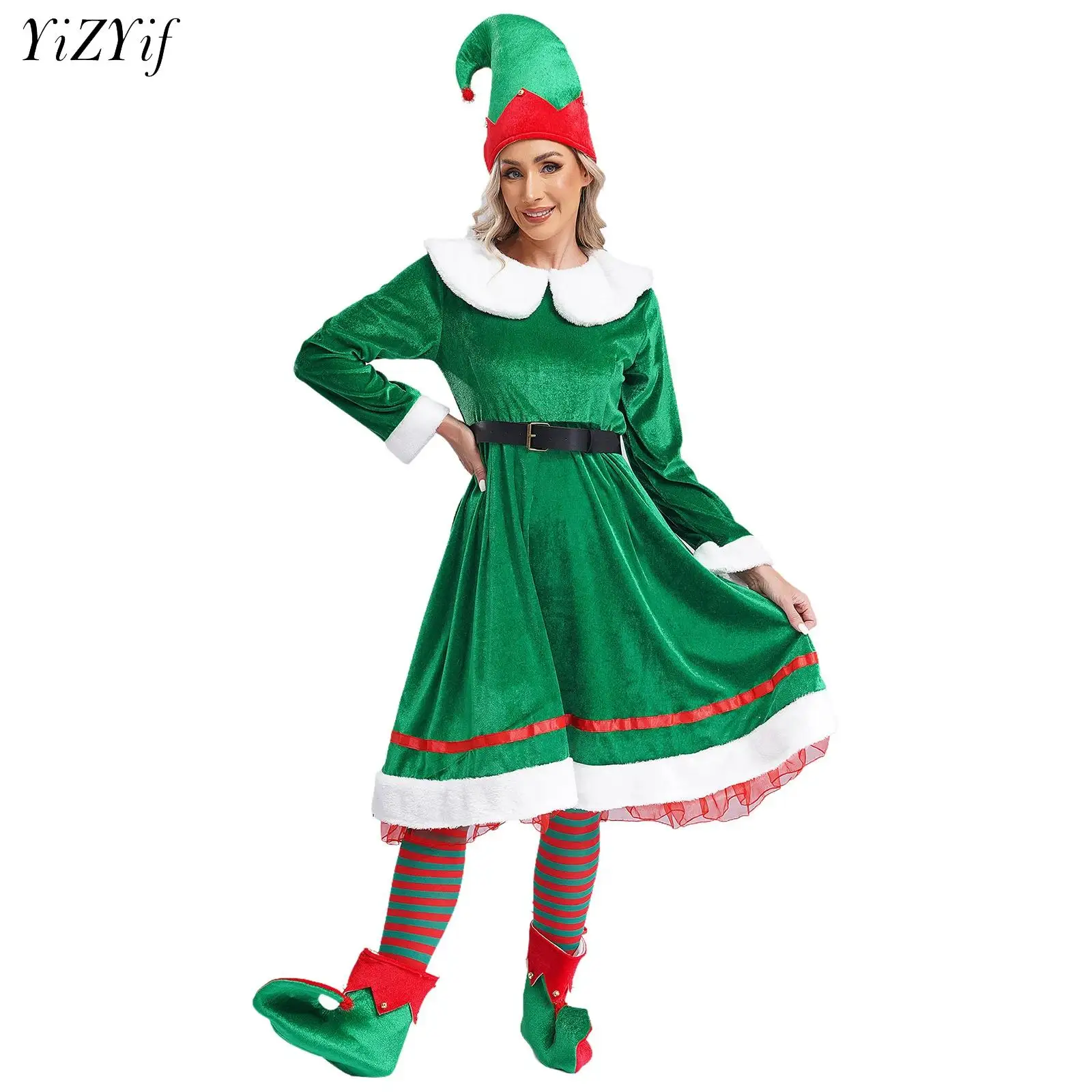 Women Christmas Elf Cosplay Costume Flannel Dress with Hat Shoes Belt Stockings Set Carnival Festival New Year Party Dress Up