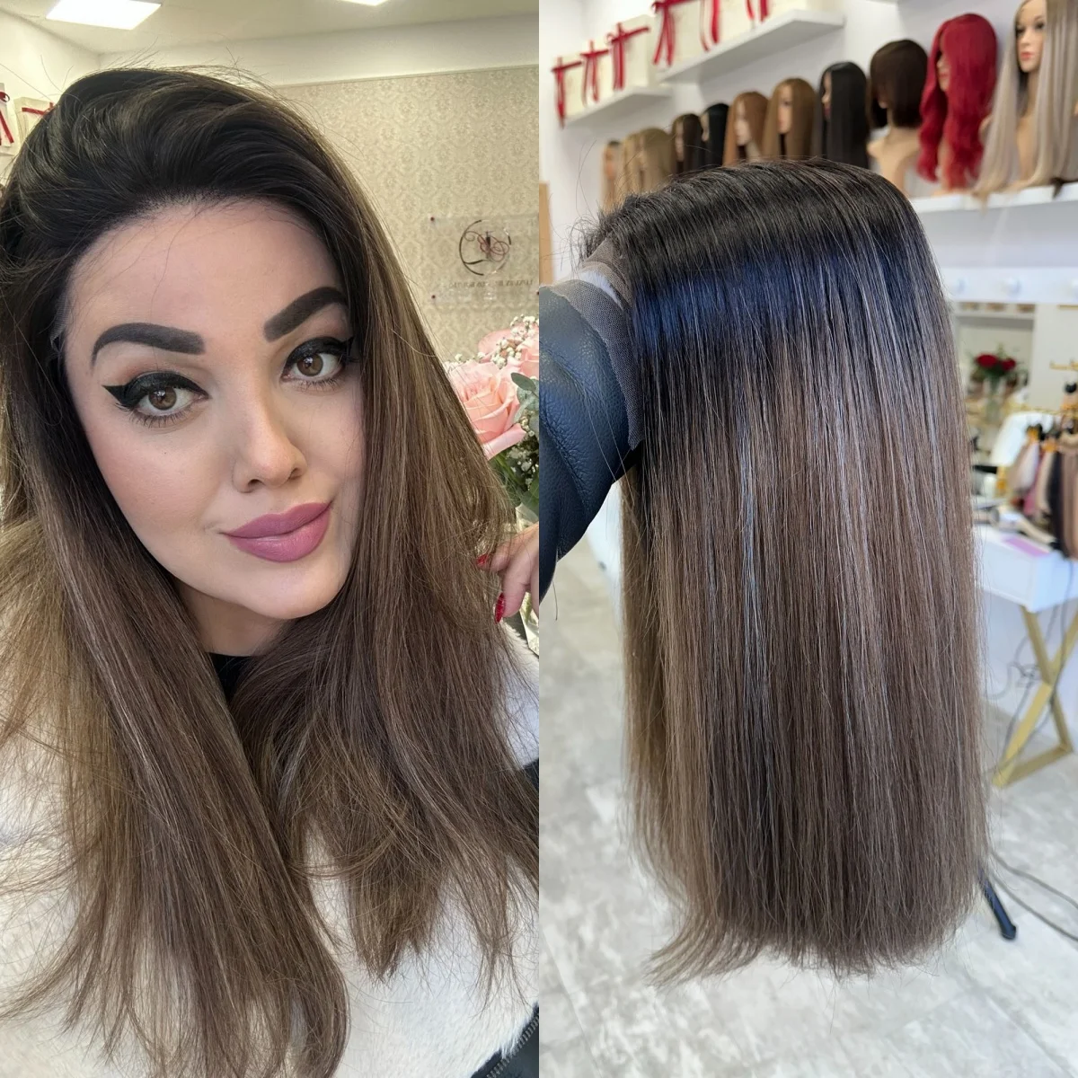 Natural Straight Soft 16 Inches Dark Brown Synthetic Lace Top Wigs With Dark Roots Highlights High Quality Realistic Look Hair