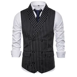 #4833 Black White Grey Vertrical Striped Vests Male Double Breasted Office Vest Coat Men Business Sleeveless Jacket Lapel Collar