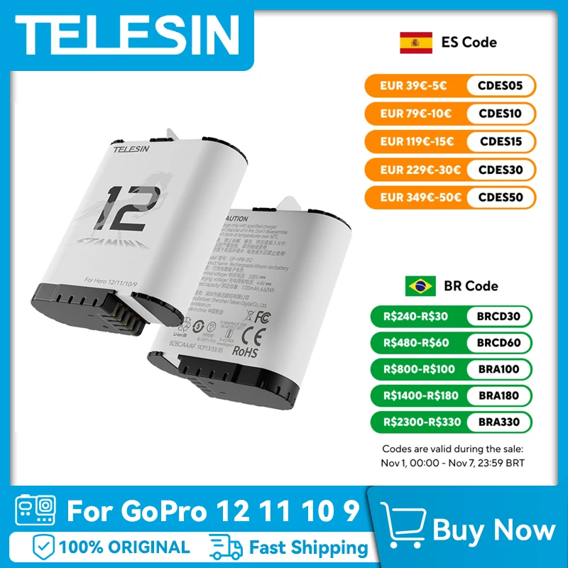 TELESIN For GoPro Hero 12 11 10 9 Endurence Battery 3 Slots TF Card Battery Charger Box 1750 mAh Battery Storage Charger Case