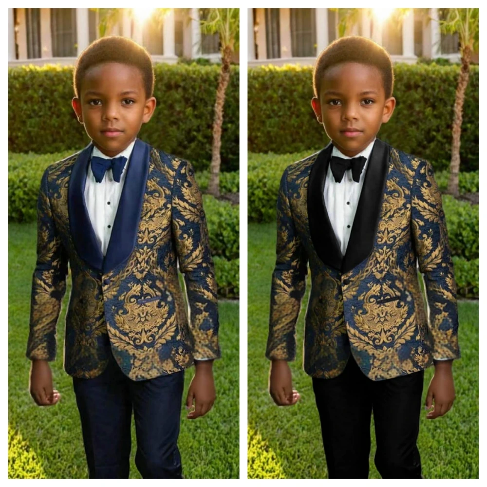 Notched Lapel Suits For Kids Piano Performance Gold Floral Pattern Boys Suit 3 Pieces Blazer Pants Bow Tie Wedding Party Guest