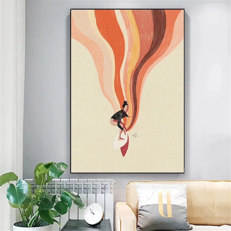 Nordic Minimalistic Art Surfing Paddling Swimming Sea Wave Print Poster Canvas Painting Abstract Wall Art for Room Home Decor