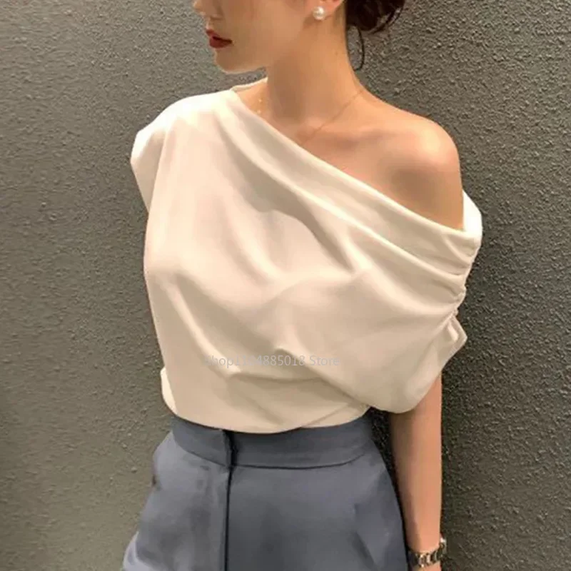 

Loose Fit Solid Color Oversized Short Sleeve T-Shirt Korean Chic Summer New Style Asymmetrical Shoulder Design Pullover Top