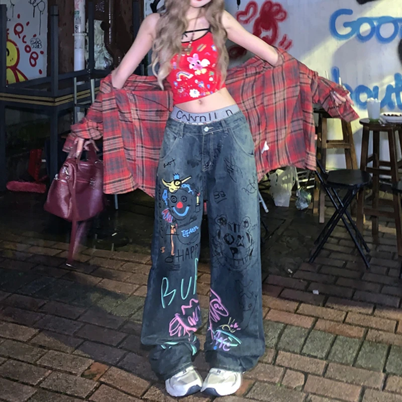 

Women's Cartoon Graffiti Paint Pattern High Waist Jeans Street Cool Girl Bottoms Wide Legs Pants Female Fashion Denim Trousers