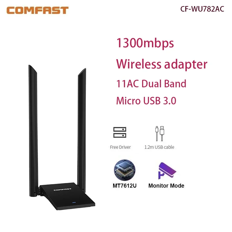 

COMFAST 1300Mbps USB3.0 WiFi Adapter 2.4G&5GHz Network Card 2*6dBi Antenna Adaptador WiFi 1.2M Cable Stable Transmission