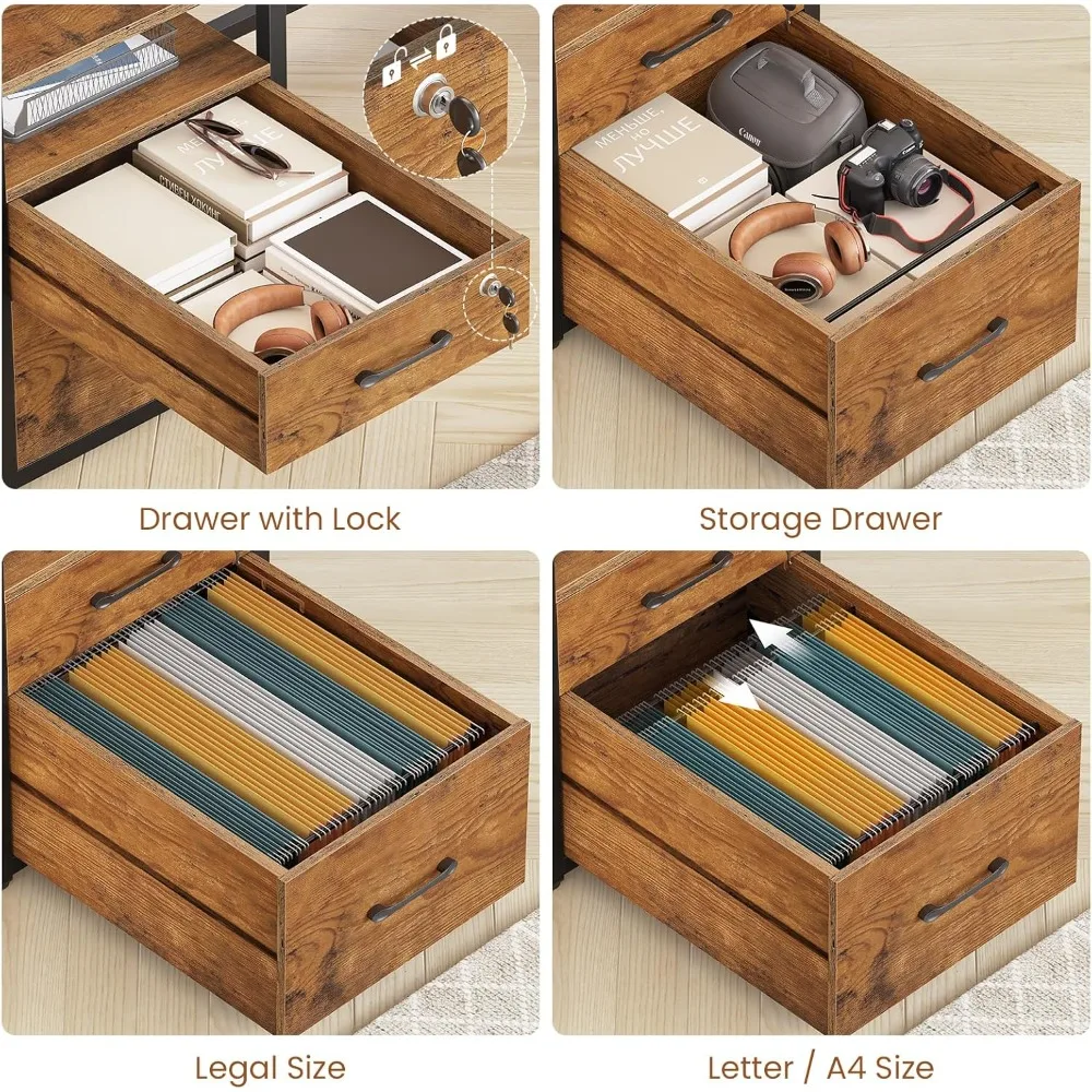 مكتب كمبيوتر مقاس 63 بوصة، مكتب مع أدراج قفل لملف قانوني/حروف، مكتب ألعاب مع ضوء LED ومخرج طاقة، مكتب منزلي #3