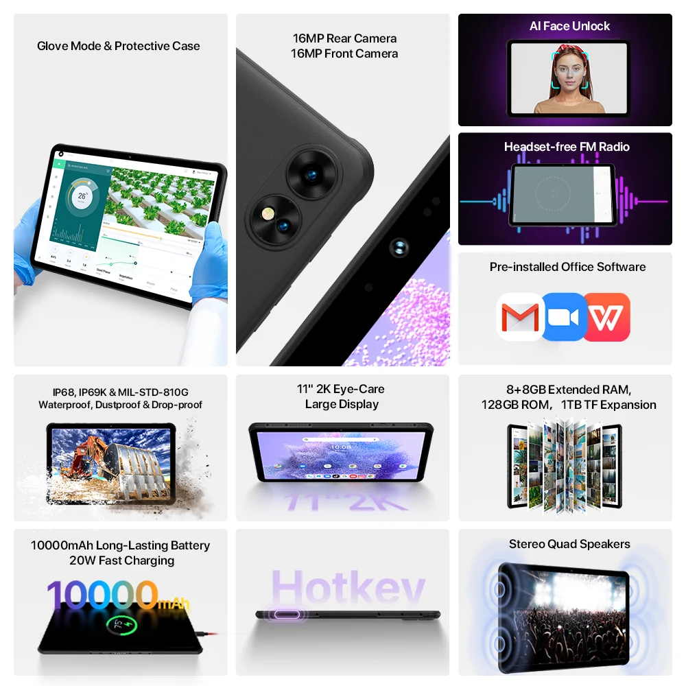 UMIDIGI-Tablet T1 Inteligente Robusto Ativo, Desbloqueio Facial AI, Android 13, Unisoc T616, IP68, IP69K, 11 ", 2K HD, 128GB, 20W, 10000mAh, Mega Bateria