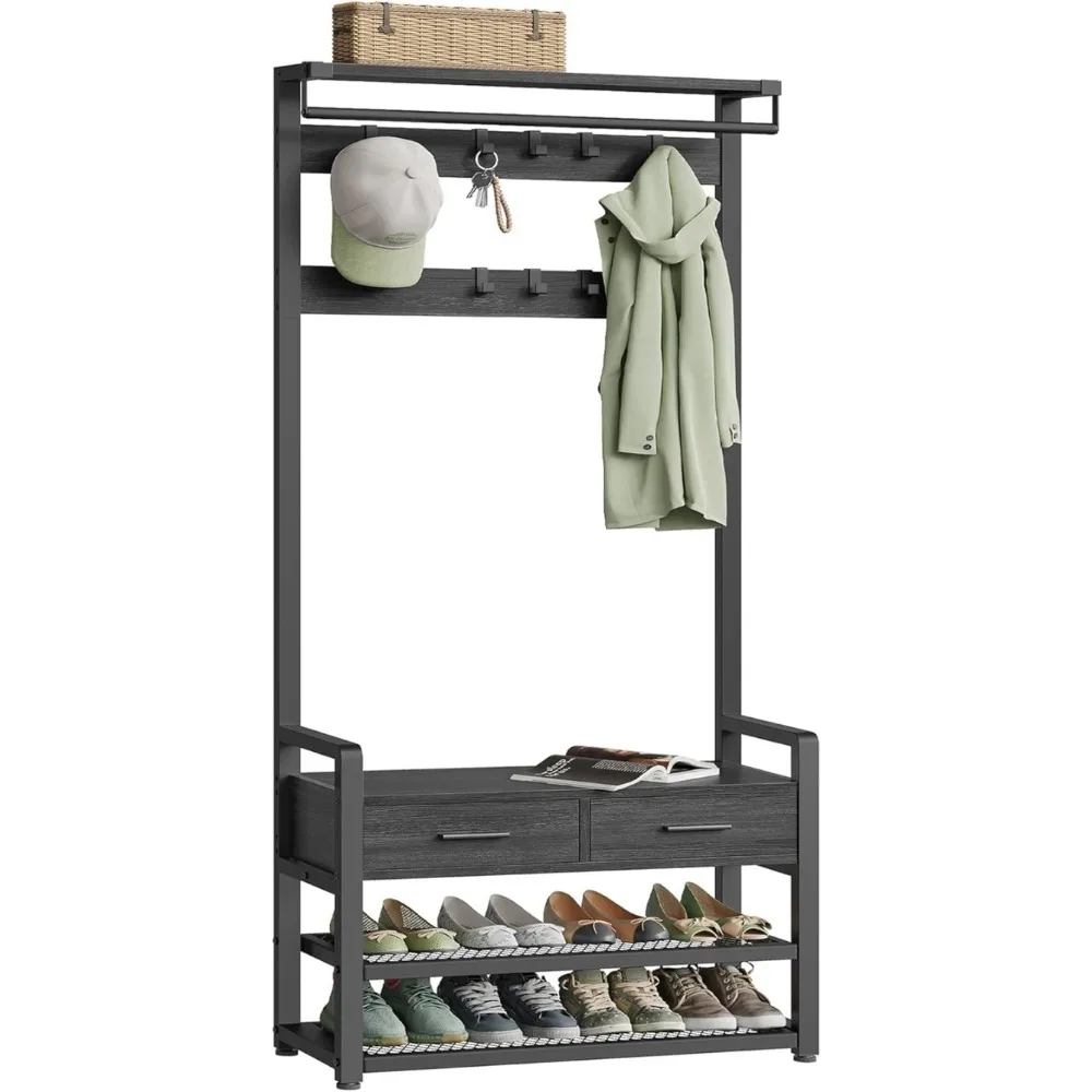 

With Bench and Shoe Storage Clothes Wardrobe 10 Hooks Stone Gray and Ink Black Shelf 11.8 X 31.7 X 71.5 Inches 2 Fabric Drawers