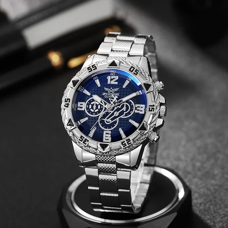 Large dial gold watch, blue light men's watch, men's watch, steel strap quartz watch
