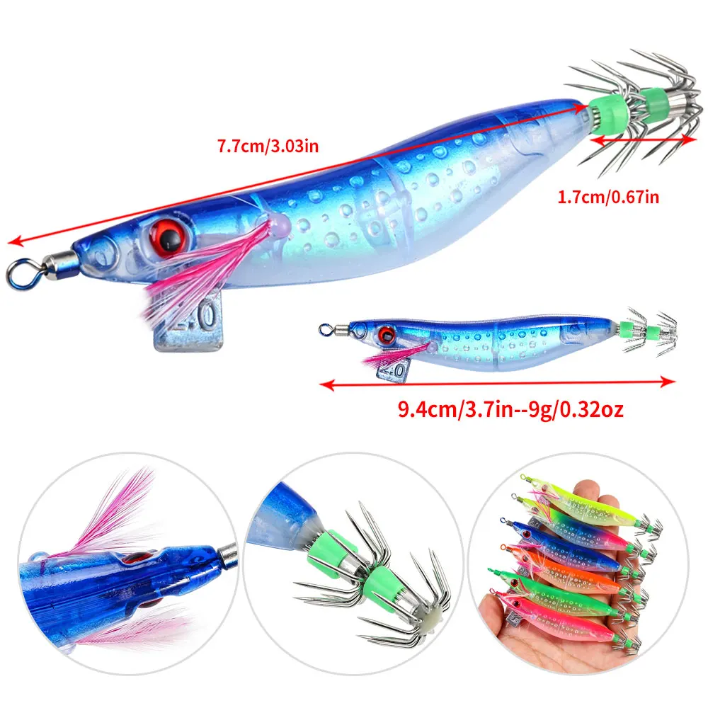 5 Stück 9,4 cm 9,1 g Leuchtendes Tintenfisch-Jig-Köder-Set 2.0 # Leuchtender Holz-Garnelen-Hartköder für Oktopus, Tintenfisch, Salzwasser-Angelzubehör – Detail 1