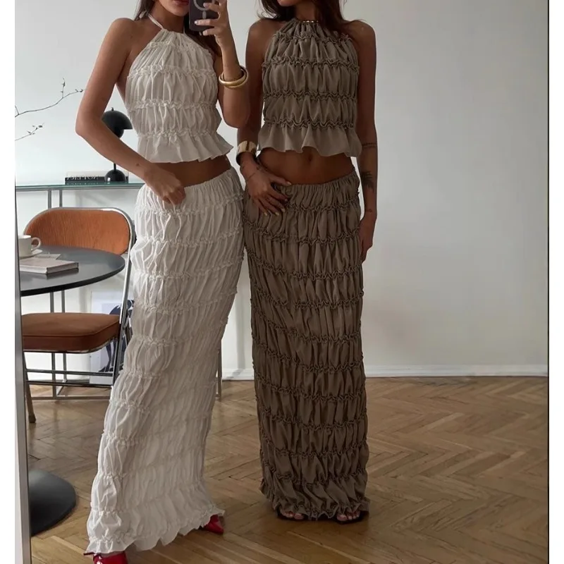 

2026 Spring and Summer New Casual Neck Wear Two-piece Set Loose Holiday Women's Skirt Set