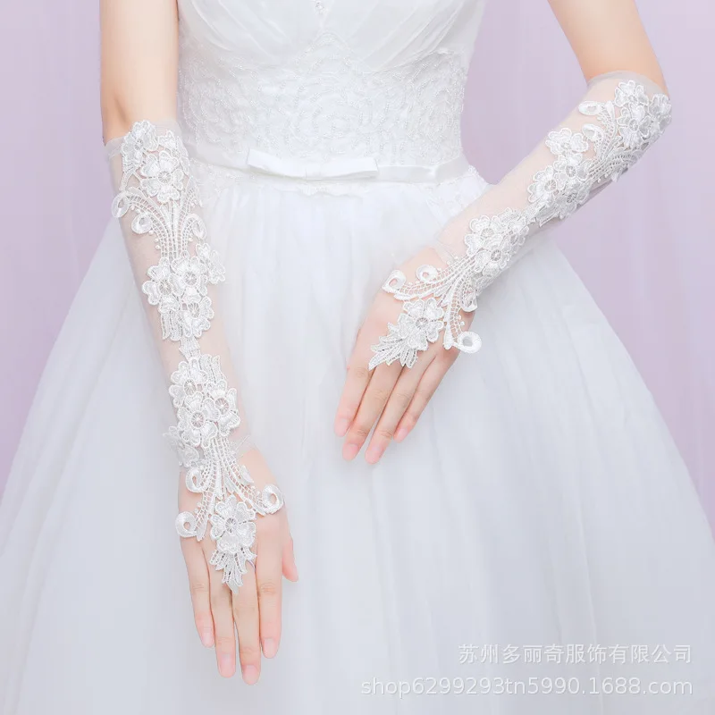 New bride wedding dress lace gloves wedding open finger gloves white lace medium length thin wedding gloves simple