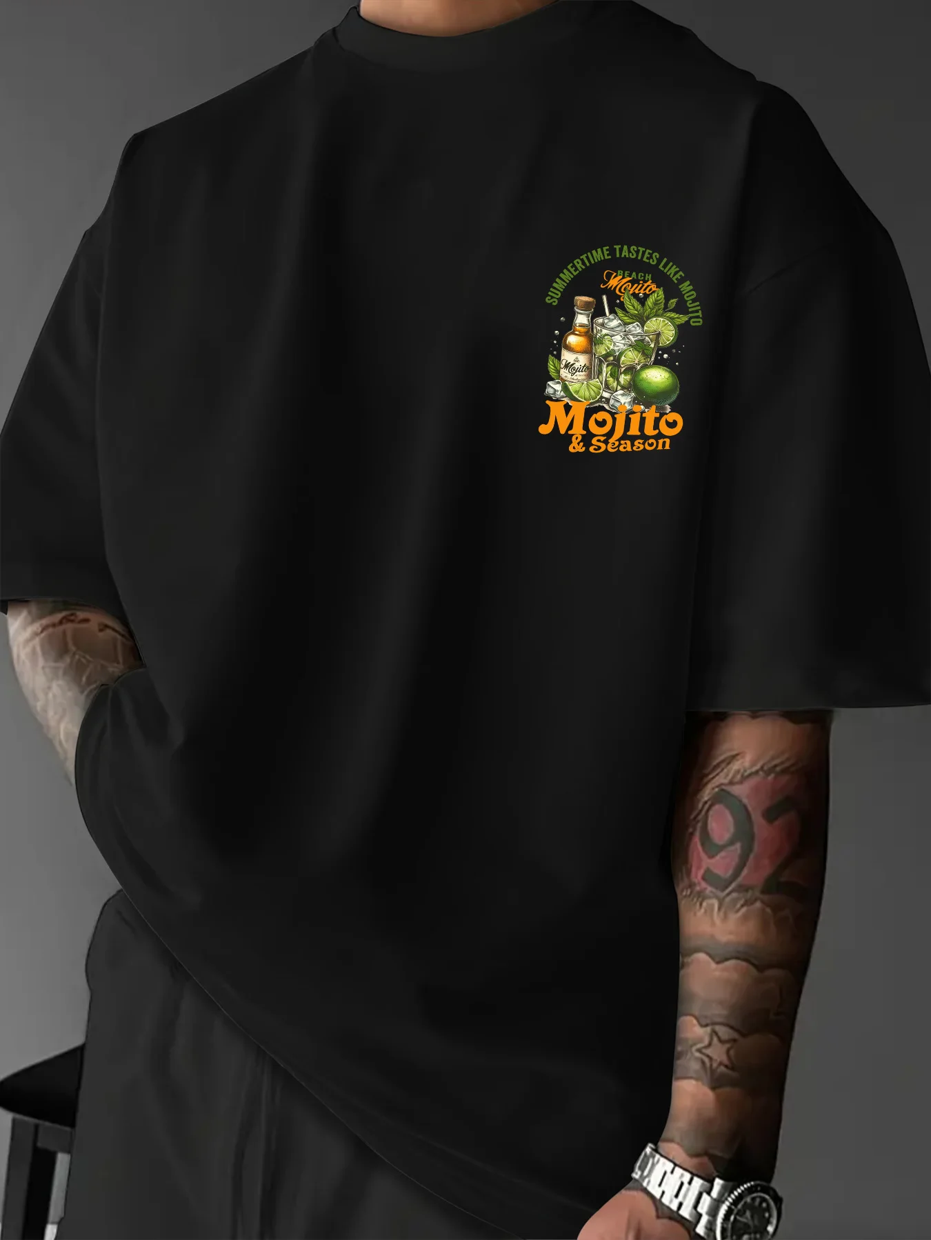 Summer Beach Theme Men Drop Shoulder T‑Shirt Retro Mojito Cocktail Text Back Print Oversized Streetwear Short Sleeve Tops
