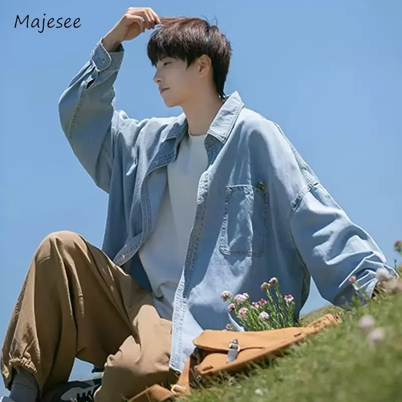 

Men Shirts Denim Washed Daily Long Sleeve Lapel Baggy Breathable Japanese Popular Leisure Classic Aesthetic Harajuku Chic