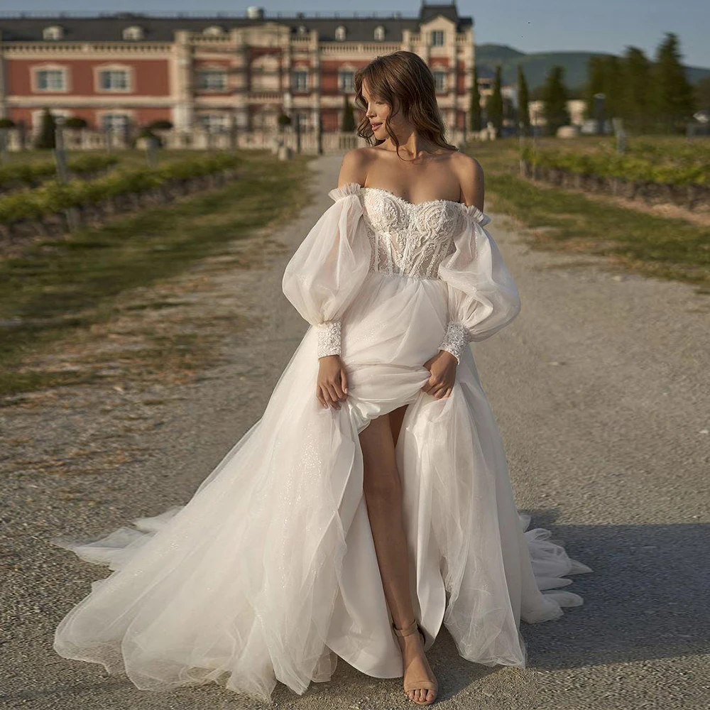 Charming Strapless Wedding Dresses for Women Off Shoulder Full Sleeve Bridal Gowns 2024 Summer Side Slit Vestido De Novia 2025