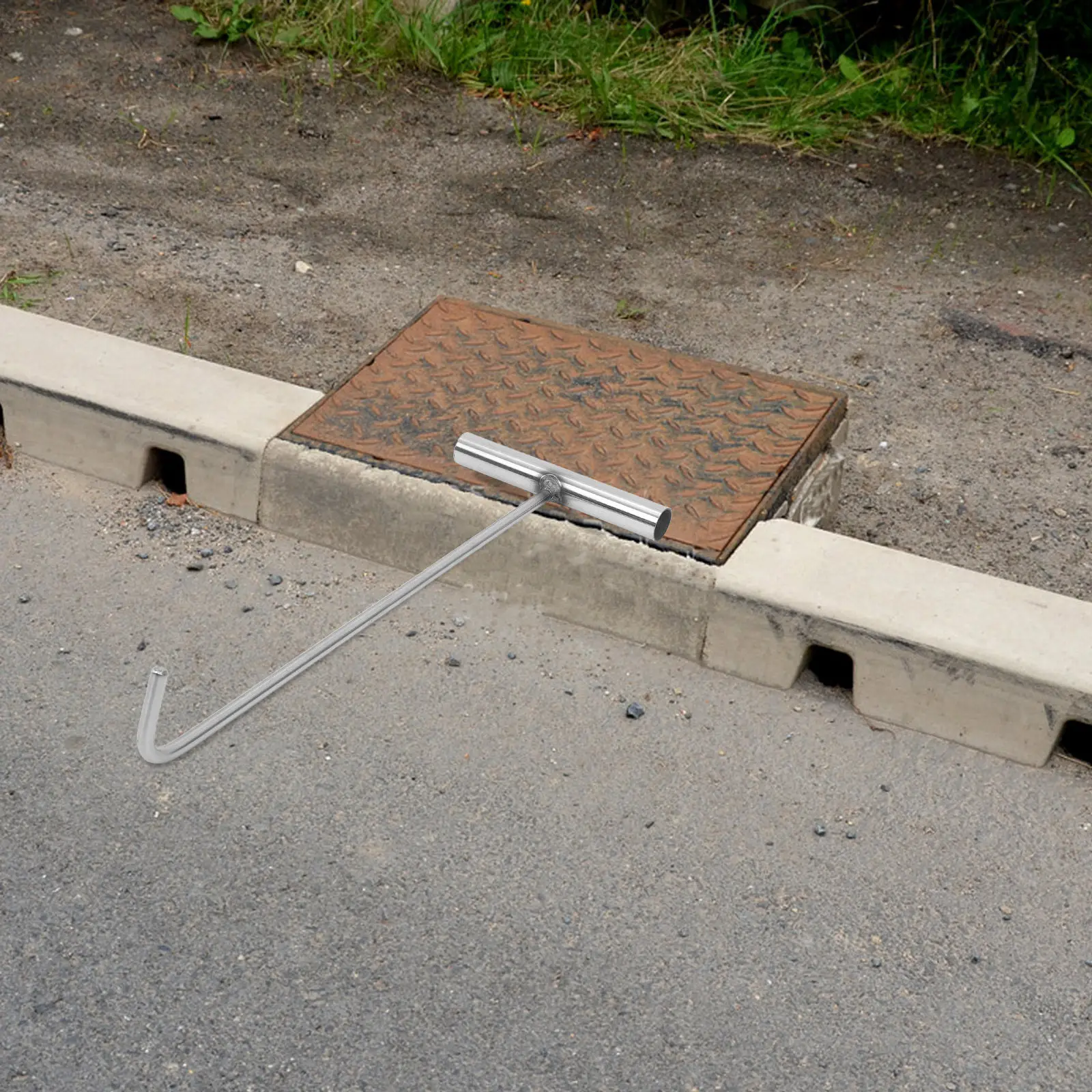 Heavy Duty Stainless Steel T-Shaped Manhole Cover Hook Tool, 38 cm Storm Drain Lifter and Drain Cover Puller