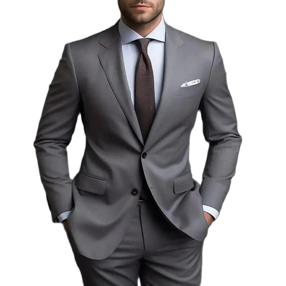 Traje Formal De negocios para Hombre, traje De boda con solapa con muescas, esmoquin ajustado, Blazer, pantalones, 2 piezas, color gris