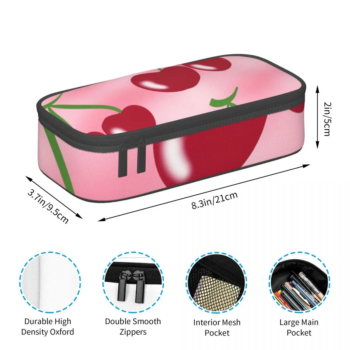 Red Cherry Green Stems Pink Pencil Case for Boy Girl School Pen Box Pencil Bag Stationery Supplies Pen Holder Bag