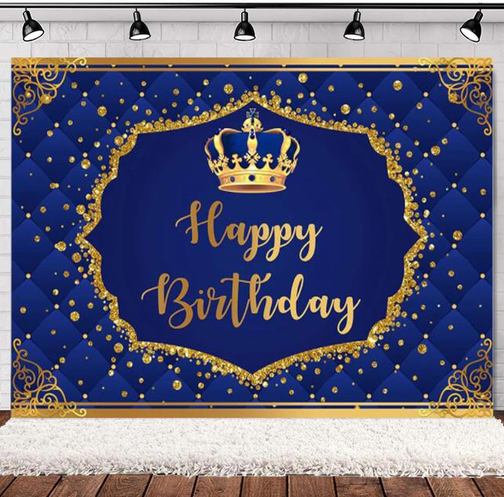 

Photography Backdrop Royal Blue Gold Glitter Dots Photo Booth Background Happy Birthday Blue Crown Prince Theme Party Decoration