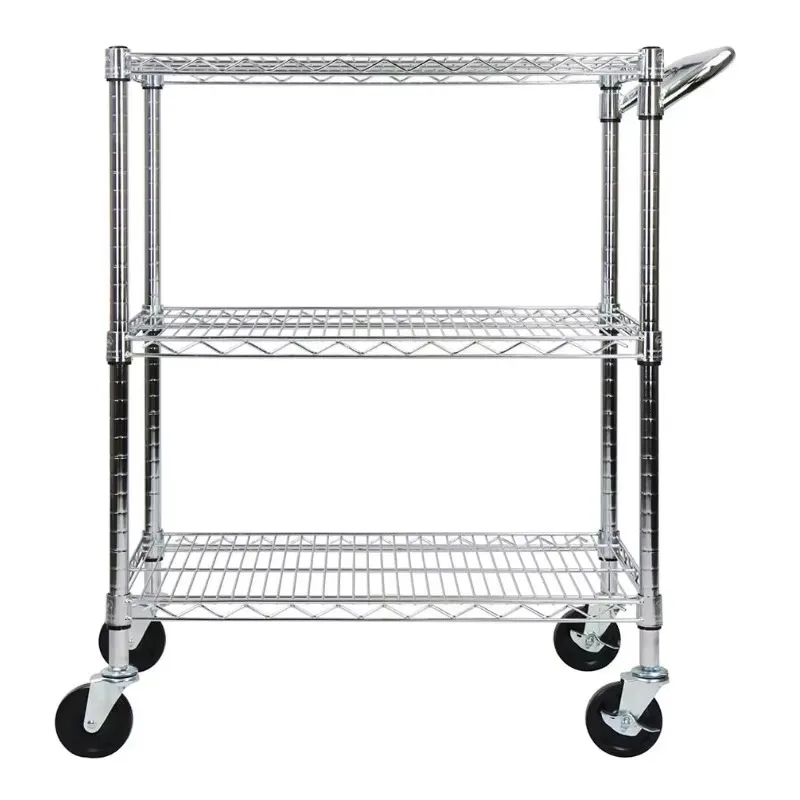 2025 Practical Livingroom Rack Heavy Duty Metal Rack with Wheels 3 Tiers Chrome Plating Metal Storage Wire Shelf