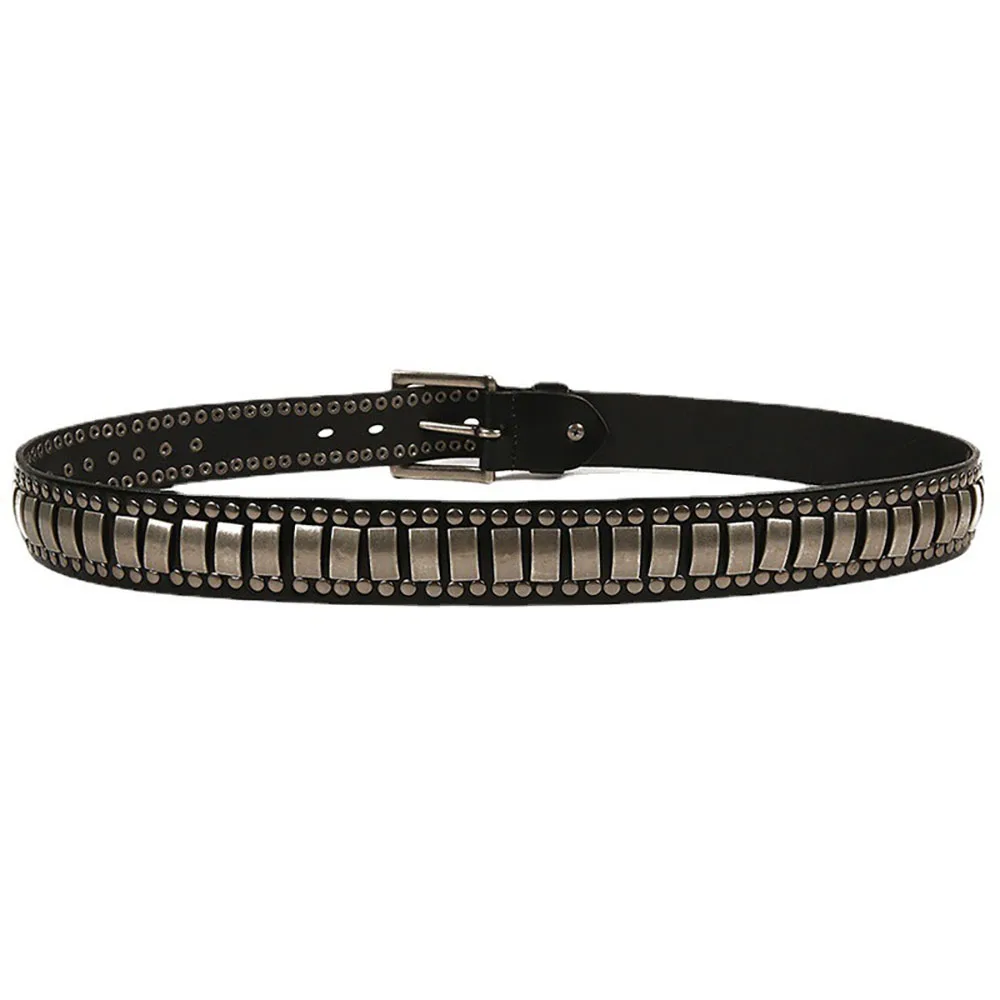 Fashionable Punk Style Genuine Leather Belt with Rivet Decoration Top Grain Cowhide 3.8cm Width