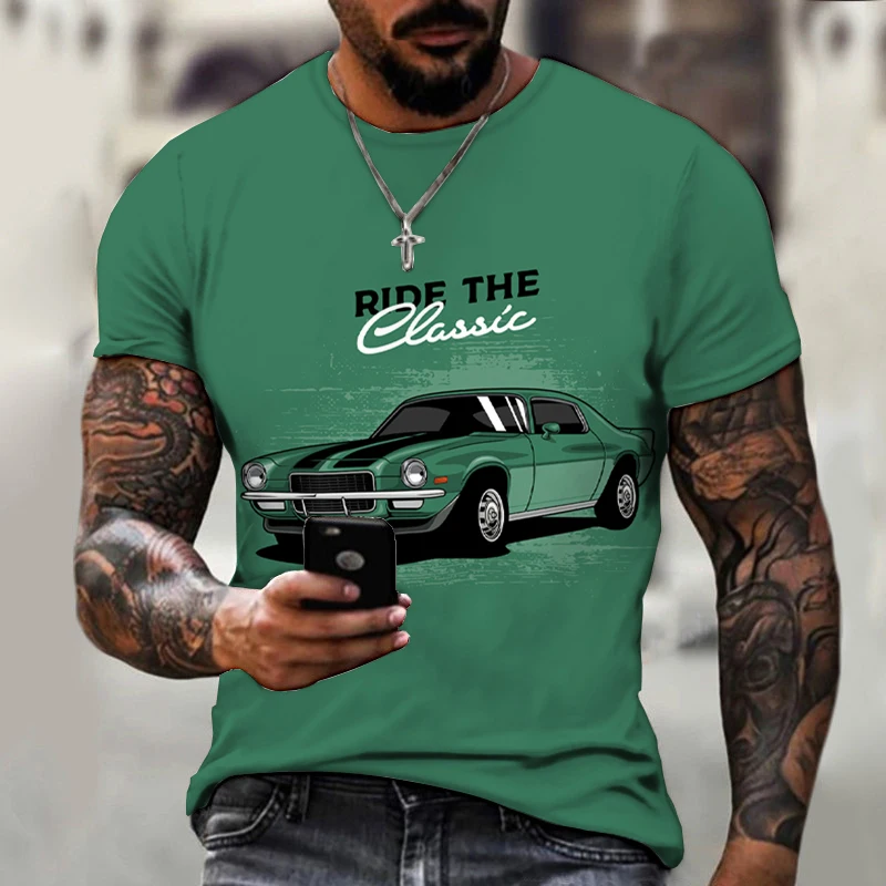 Retro Car Print Men's T-shirt Summer Street Men's Round Neck T-shirts Casual Fashion Men's Clothing New Sports Breathable Tops