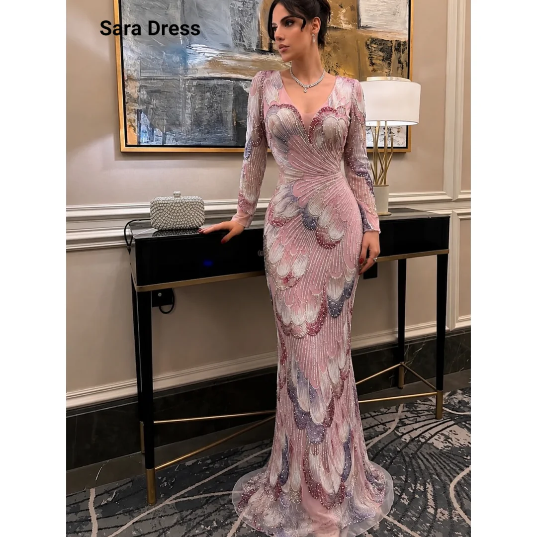 

Sara Custom Fishtail Embroidered V-neck Floor Length Women Evening Dress for Event Luxurious Evening Dresses Woman Elegant Party