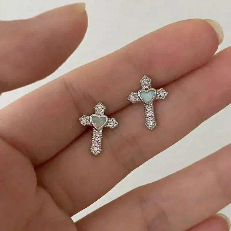 Love Heart Cross Medical Grade 316L Stainless Steel Ear Bone Nail Shiny Y2K Silver Color Rhinestone Earring Cochlear accessories