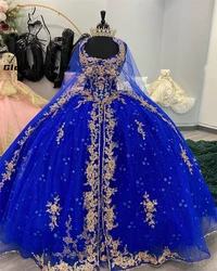 Middle East Arabic Royal Blue Sweetheart Ball Gown Quinceanera Dress Beaded Appliques Birthday Prom Dresses With Cape Customized