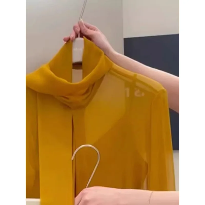 Korean Commuting Temperament Loose Ribbon Shirt 2025 New Long-sleeved Fashion Tulle Top