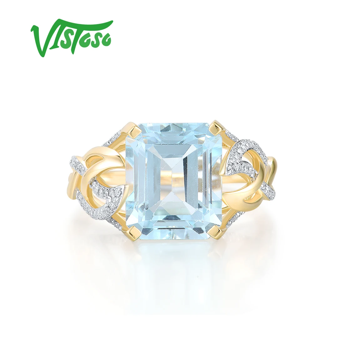 VISTOSO Authentic 14K 585 Yellow Gold Ring For Women Sparkling Sky Blue Topaz Diamond Rectangle Wedding Anniversary Fine Jewelry