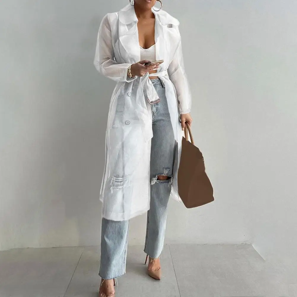 

Women Shirt Coat Net Yarn See Through Women Coat Spring Summer Tops Shirt CoatLace-up Long Shirt Down Collar Long Trench Coats