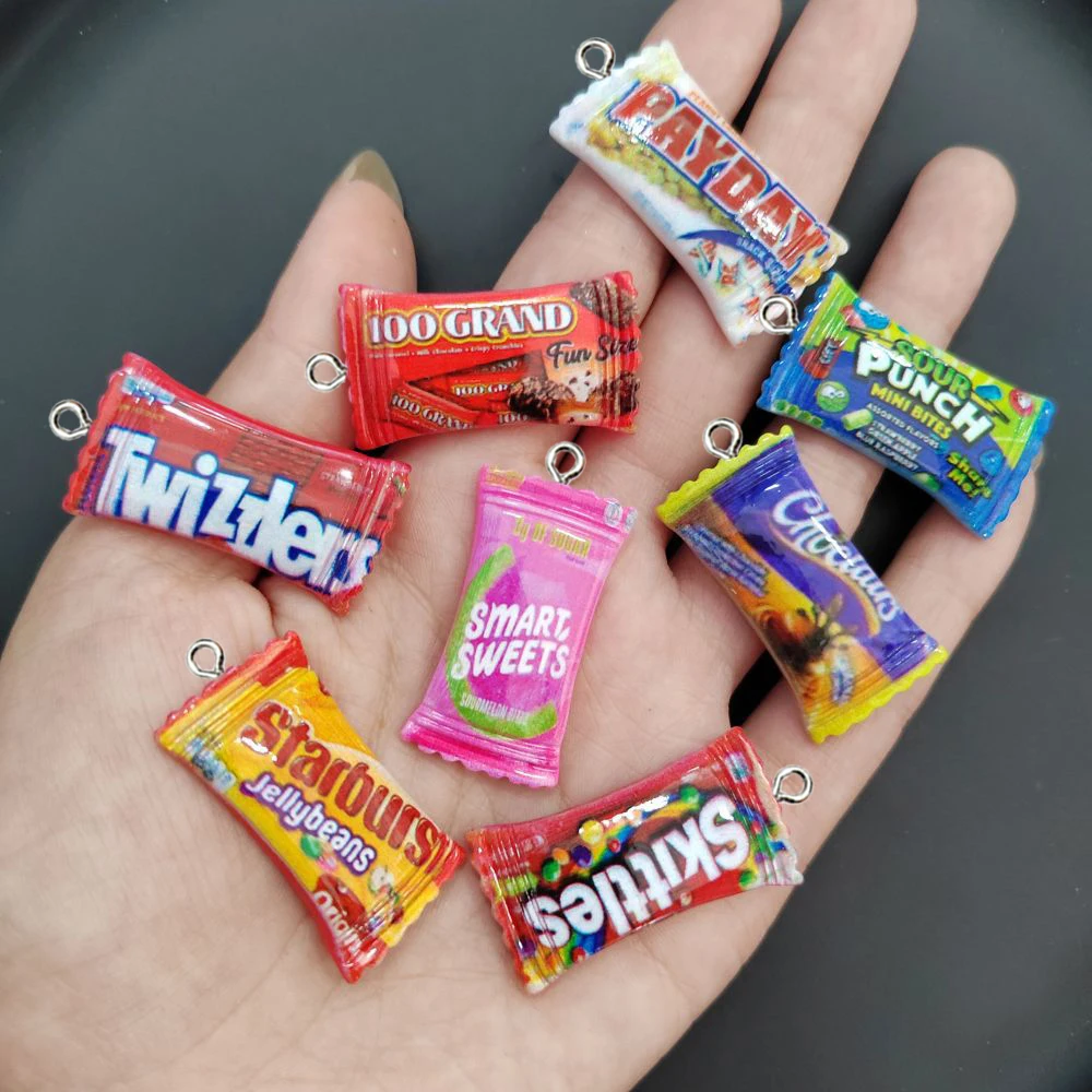 10Pcs European Lovely Candy Resin Charms Simulation Sugar Snack Packaging Bag Flatback Pendant for Earring Keychain Jewelry Make