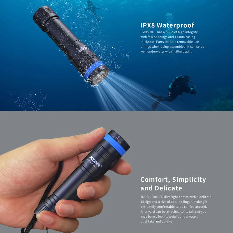 XTAR D20/D20B Diving Flashlight 1000 Lumens LED Rotary Switch Beam Throw 103m Dive Torch Underwater 50 Meters LCD Lantern