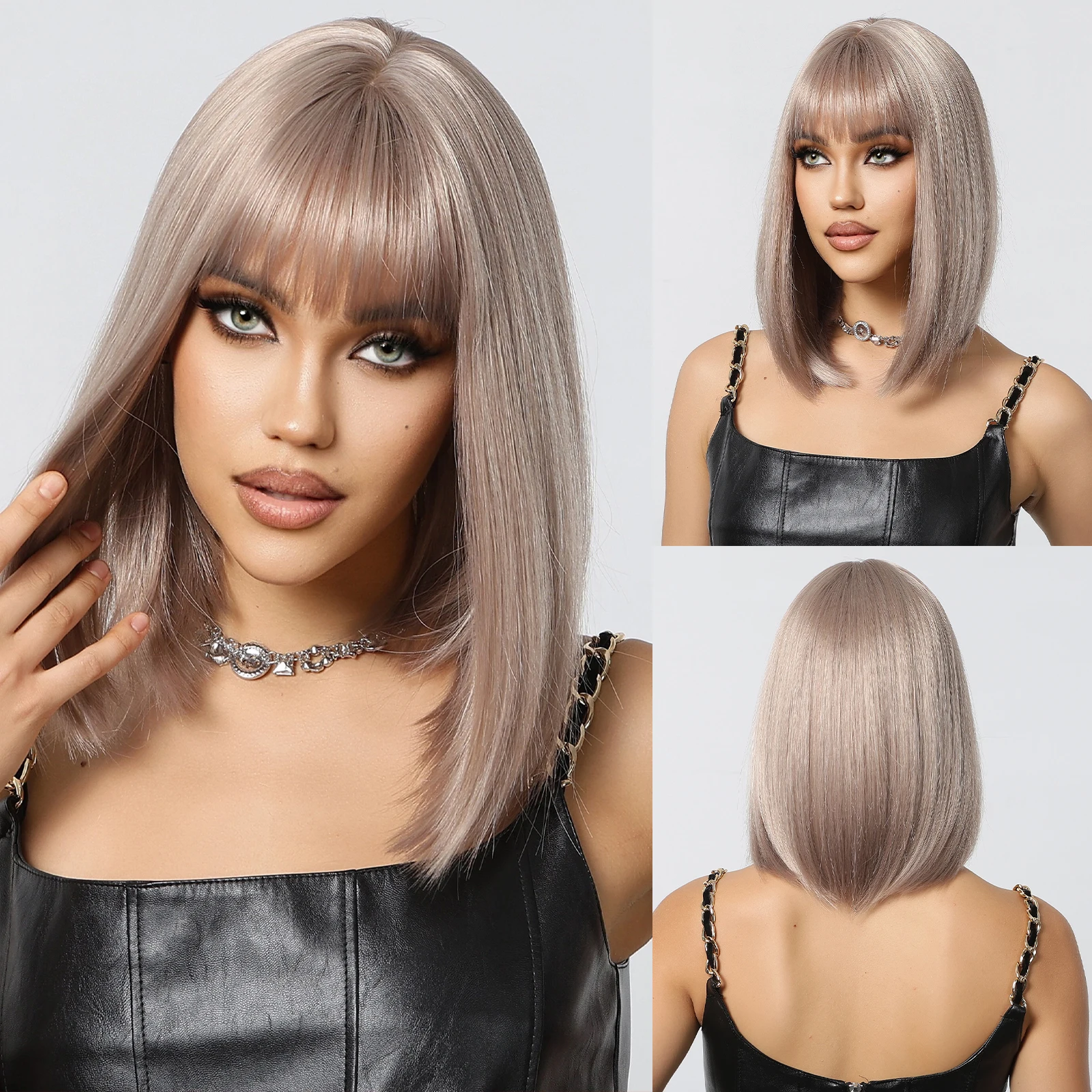 Hellbraune kurze gerade Bob synthetische Perücken mit Pony natürlich geschnittene Haar perücke für