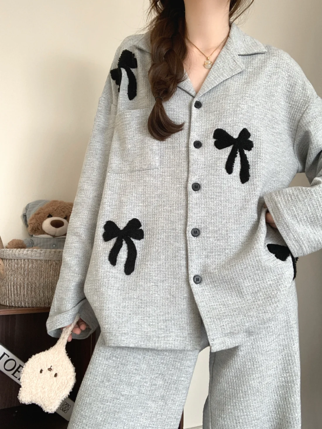

Pure Cotton Long Sleeve Sleepwear Women's Grey Knot Home Clothes Set Comfortable Spring Autumn Seasonal Outfit