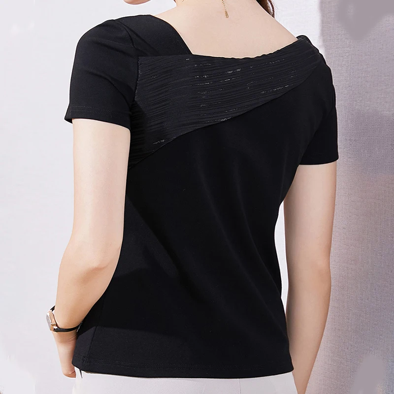 Eleganckie damskie koszulki z krótkim rękawem z skośnym kołnierzem 2025 letnie stylowe łączone wykończenia bluzki damskie proste, solidne koszulki na co dzień na cały mecz