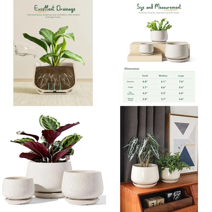 

Plant Pots, 4.1+5.1+6.5 inch, Set of 3, Ceramic Planters with Drainage Hole and Saucer, Indoor Flower Pot with Hole Mesh Pad, G