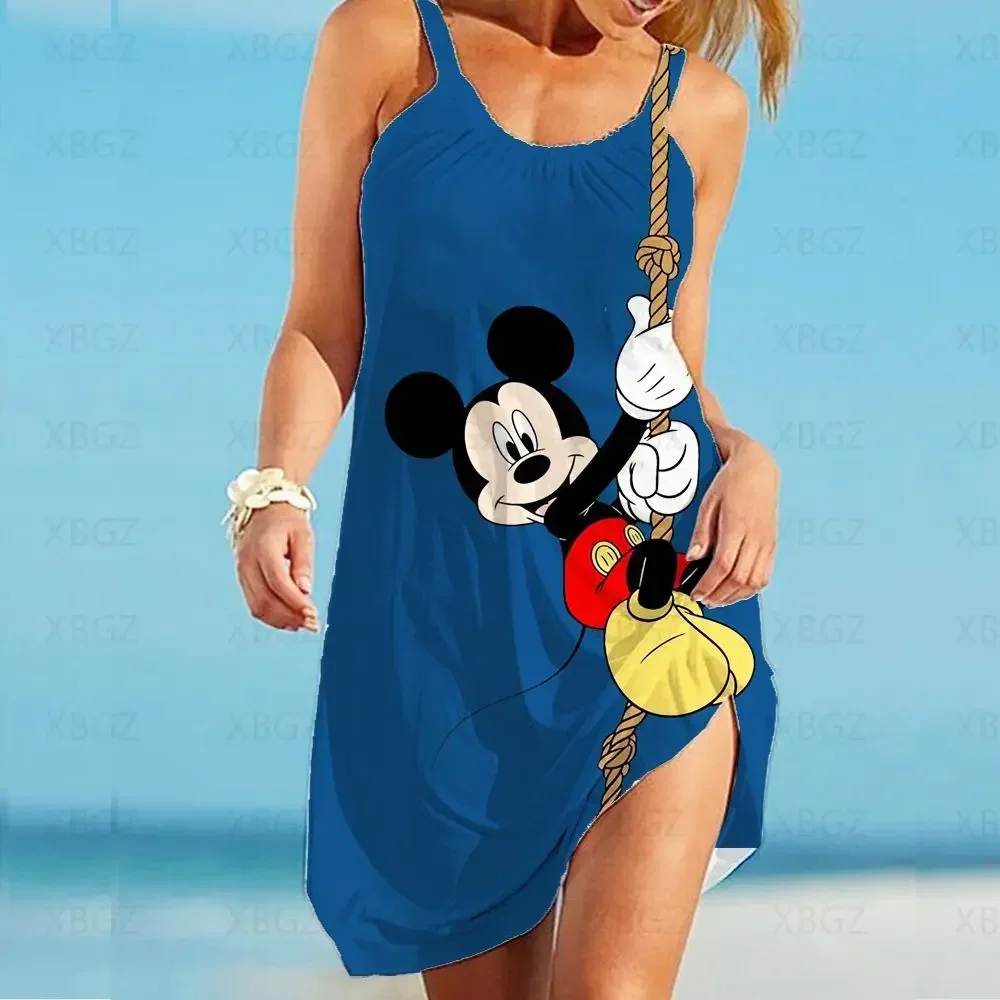 Summer Dresses Woman 2024 Disney Plus Robe Loose Sexy Dress Minnie Mouse Women\'s Boho Sling Top Cartoon Beach Print Fashion