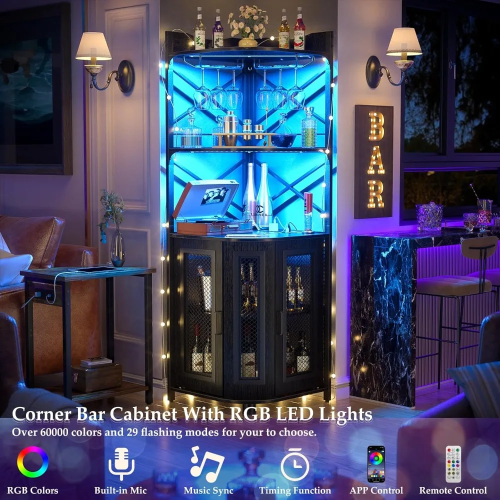 Corner bar cabinet with power outlet, industrial wine cabinet with LED strip light and glass stand, 5 tier wine cooler for home